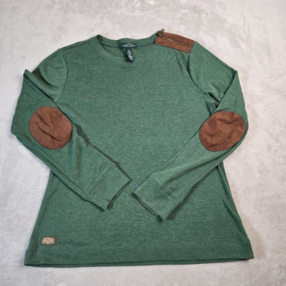 Lauren Ralph Lauren Top Womens Large Green Brown Faux Suede Elbow Patches Preppy - Picture 1 of 15